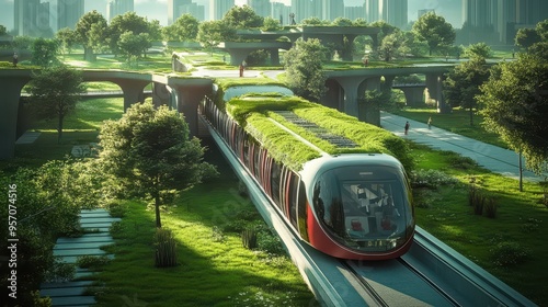 Eco-Friendly Urban Transit Integration: Modern Public Transportation System in Green Spaces #957074516