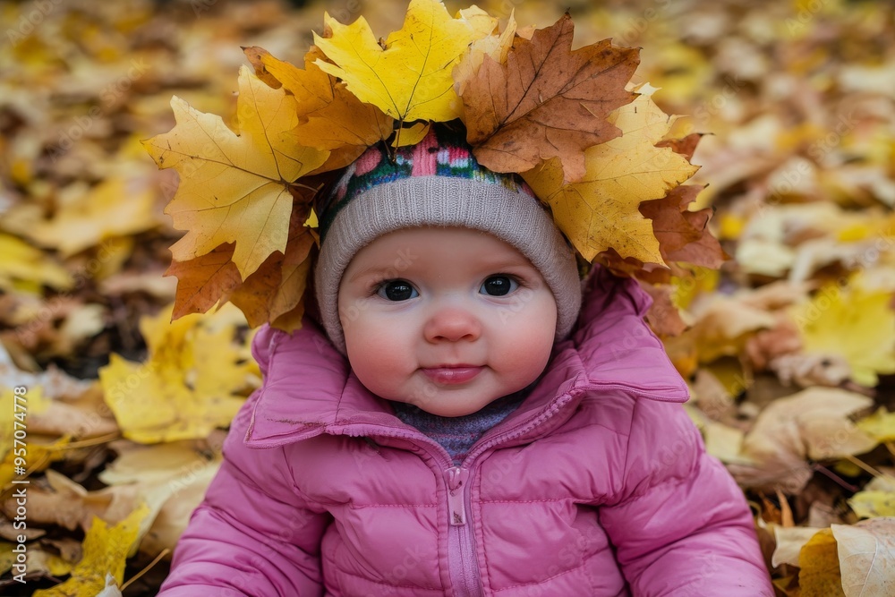 During autumn, a little boy is playing in a park, sitting in fallen leaves. A baby is resting on a wreath of leaves. A girl has on a hat and jacket to keep warm. During autumn, a little boy is playing in a park, sitting in fallen leaves. A baby is resting on a wreath of leaves. A girl has on a hat and jacket to keep warm.