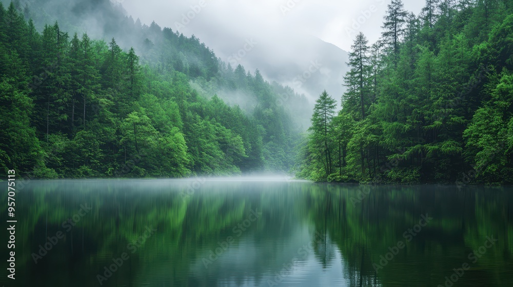 Serene Lake Enveloped by Lush Forest Canopy with Mystical Mist - Tranquil Nature Scene Serene Lake Enveloped by Lush Forest Canopy with Mystical Mist - Tranquil Nature Scene