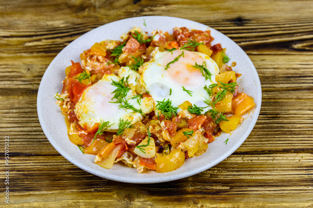 Homemade breakfast shakshuka with fried eggs, onion, bell pepper, tomatoes and dill on a wooden table. Jewish cuisine Homemade breakfast shakshuka with fried eggs, onion, bell pepper, tomatoes and dill on a wooden table. Jewish cuisine