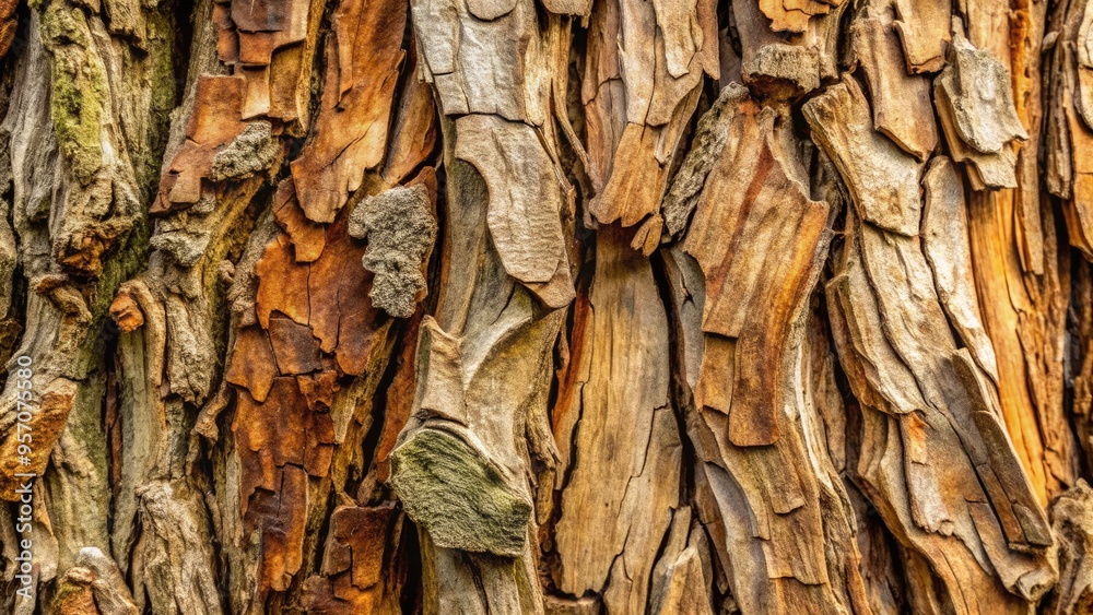 Rugged, weathered tree bark texture in muted earth tones, with intricate patterns and crevices, set against a soft, shaded background with subtle foliage details.