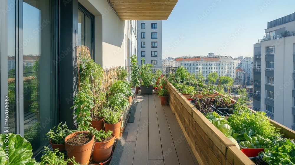 Urban Oasis: Terrace Garden with Lush Potted Plants and Fresh Vegetables on City Apartment Balcony Urban Oasis: Terrace Garden with Lush Potted Plants and Fresh Vegetables on City Apartment Balcony