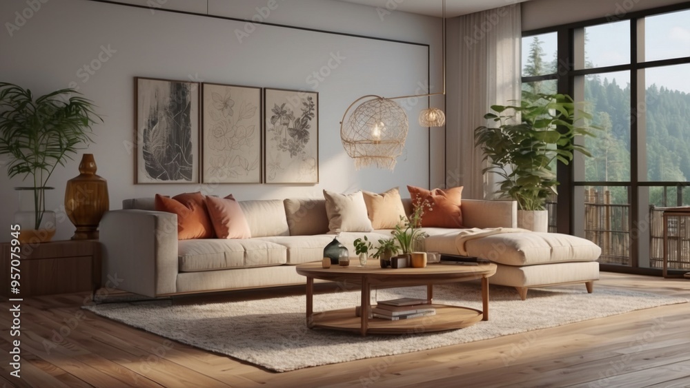 Fototapeta premium Living room in modern Scandinavian style