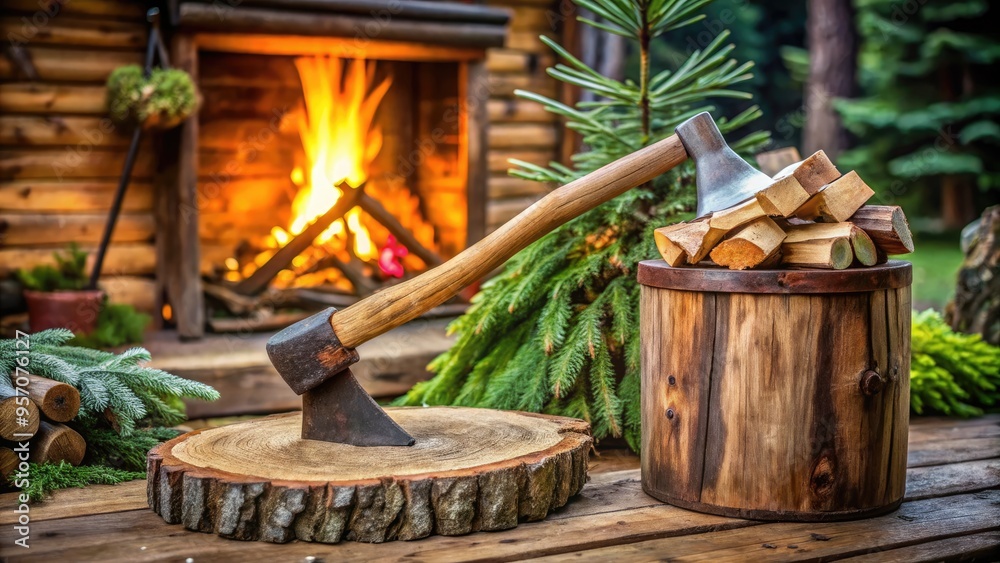 Rustic wooden chopping block with sharp axe embedded, surrounded by freshly chopped firewood and verdant foliage, evoking a cozy winter cabin ambiance. Rustic wooden chopping block with sharp axe embedded, surrounded by freshly chopped firewood and verdant foliage, evoking a cozy winter cabin ambiance.