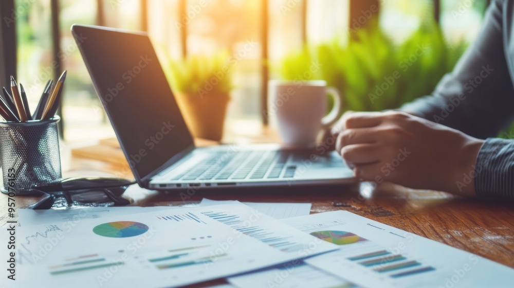 Businessperson Working at Desk with Laptop, Charts, and Coffee Businessperson Working at Desk with Laptop, Charts, and Coffee