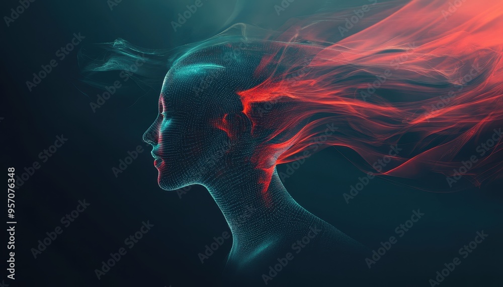 Binary Flow: Abstract Digital Landscape with Geometric Humanoid Figure Binary Flow: Abstract Digital Landscape with Geometric Humanoid Figure