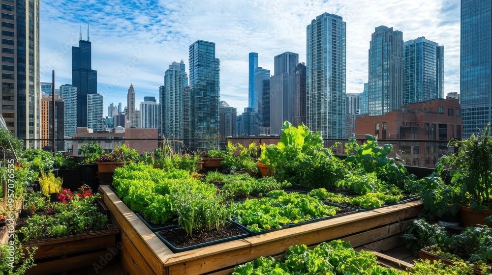 Urban Oasis - Lush Green Rooftop Garden teeming with Fresh Vegetables and Colorful Flowers on City Skyline Background Urban Oasis - Lush Green Rooftop Garden teeming with Fresh Vegetables and Colorful Flowers on City Skyline Background