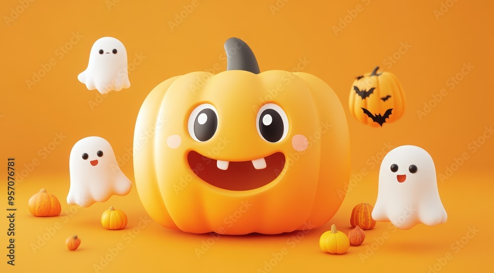 3D cartoon illustration of a cute pumpkin character with a ghost, Halloween elements 3D cartoon illustration of a cute pumpkin character with a ghost, Halloween elements