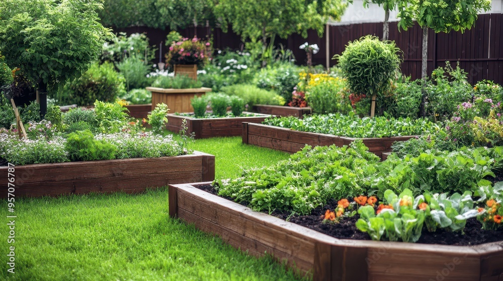 Organic Backyard Garden Blooming with Fresh Vegetables and Colorful Flowers Organic Backyard Garden Blooming with Fresh Vegetables and Colorful Flowers