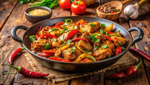 Savory karhai chicken dish, sizzling with aromatic spices, bell peppers, and onions, served in a traditional wok-style pan, against a warm, earthy toned background. photo