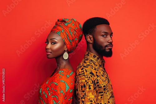 Couple in traditional African attire on red backdrop