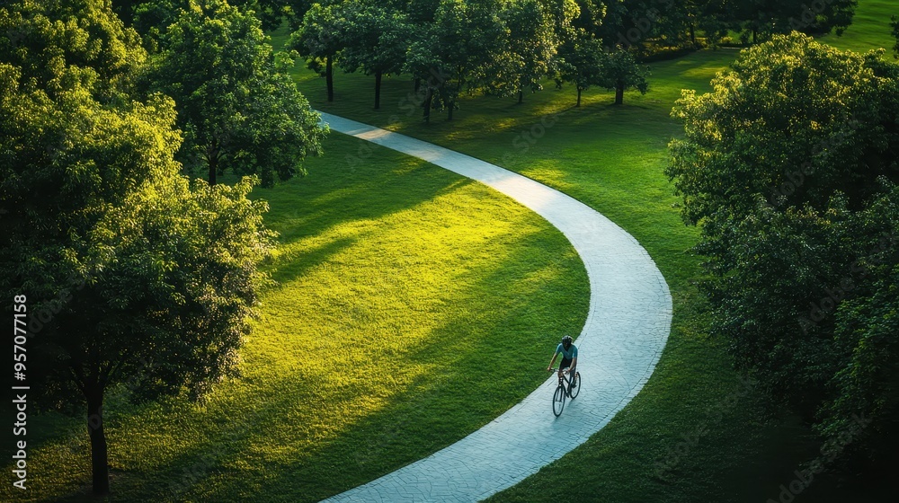 Obraz premium Serene Cycling Journey Through Lush Park Pathway
