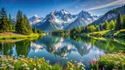 Serene alpine landscape featuring majestic snow-capped mountains towering above a tranquil lake, surrounded by lush green forests and vibrant wildflowers under a clear blue sky.