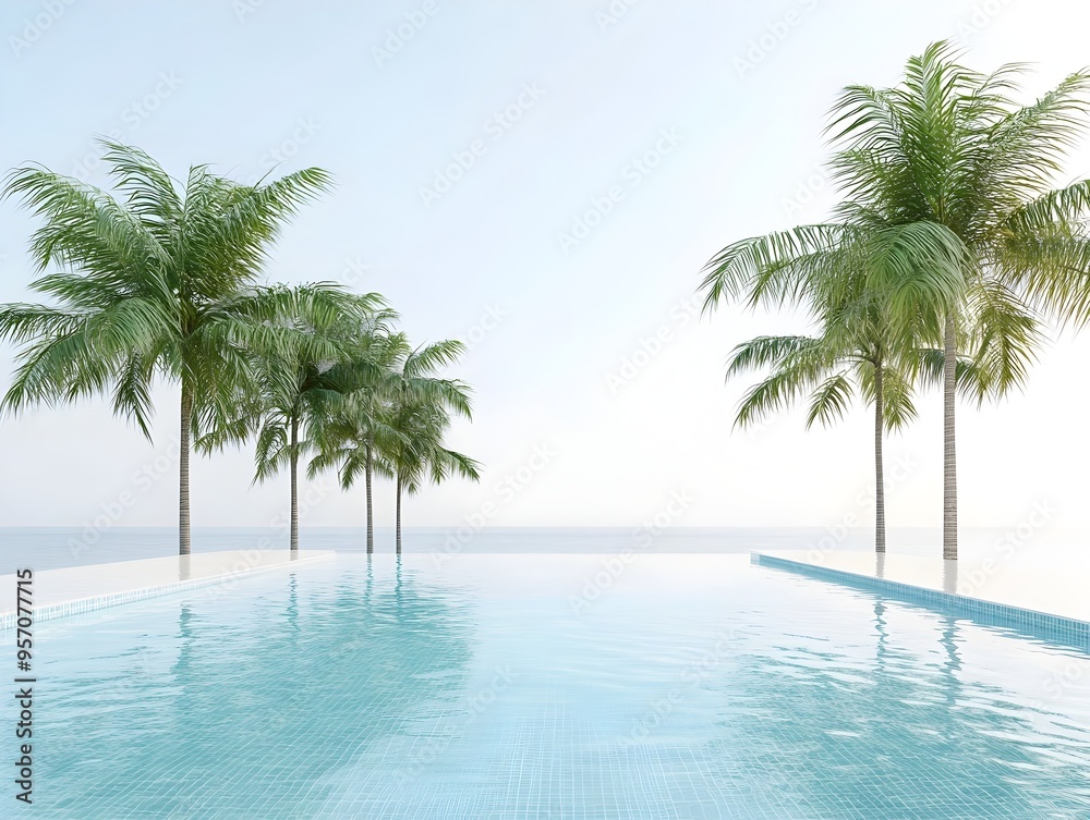 Obraz premium Tranquil Tropical Resort with Azure Swimming Pools and Palm Trees on White Background