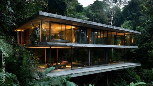 A sleek, modern house built into the hillside of a rainforest, with large glass walls and a minimalist design