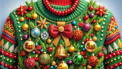 Vibrant digital illustration of a garish, oversized, and elaborately decorated Christmas sweater with pom-poms, bells, and gaudy ornaments, exuding festive kitsch and holiday cheer.