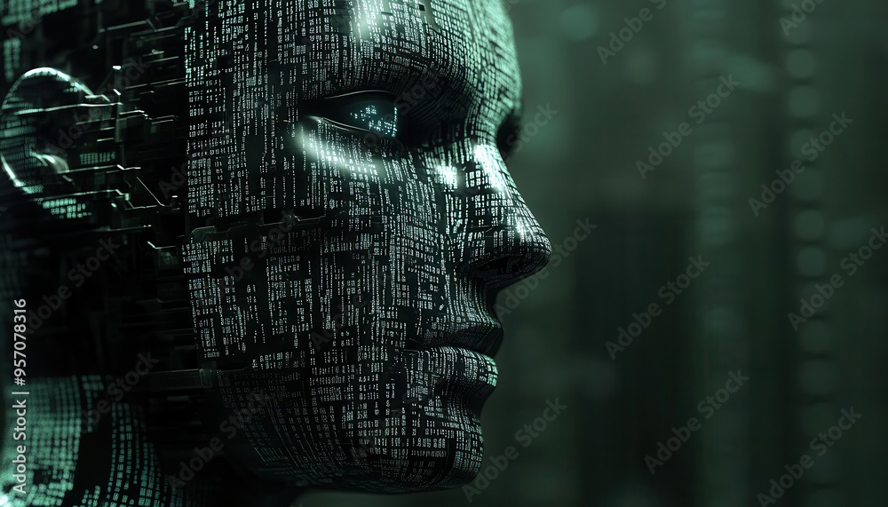 Digital Overlord: Futuristic AI Being with Binary Code Face Symbolizing Creative Digital Concepts Digital Overlord: Futuristic AI Being with Binary Code Face Symbolizing Creative Digital Concepts