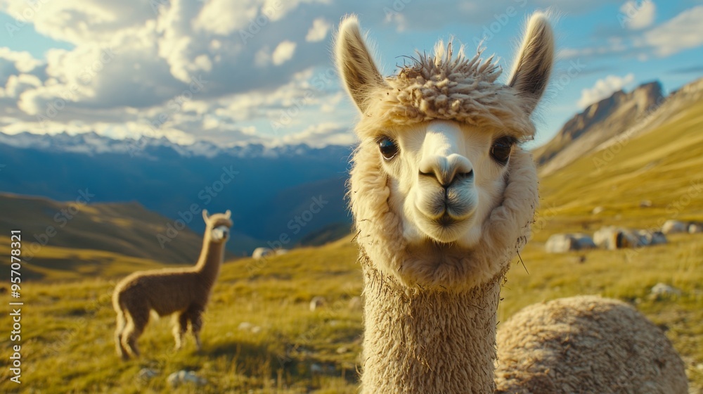 Obraz premium Close-up of a white alpaca in a field with mountains in the background.