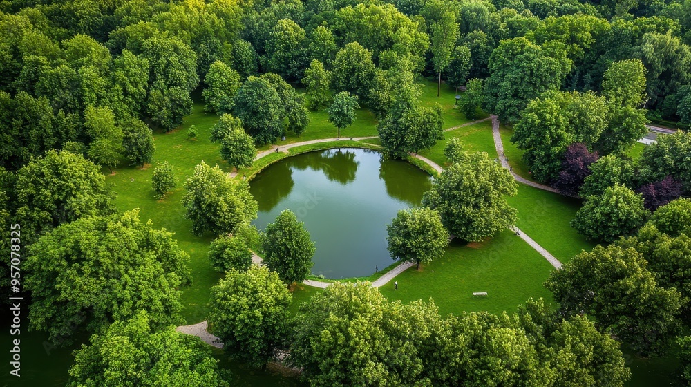 A public park with a large pond surrounded by green trees and walking paths A public park with a large pond surrounded by green trees and walking paths