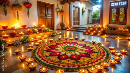 Vibrant diyas and rangoli patterns adorn a traditional Indian home, bursting with festive colors and warm lighting, capturing the essence of the Deepavali celebrations. photo