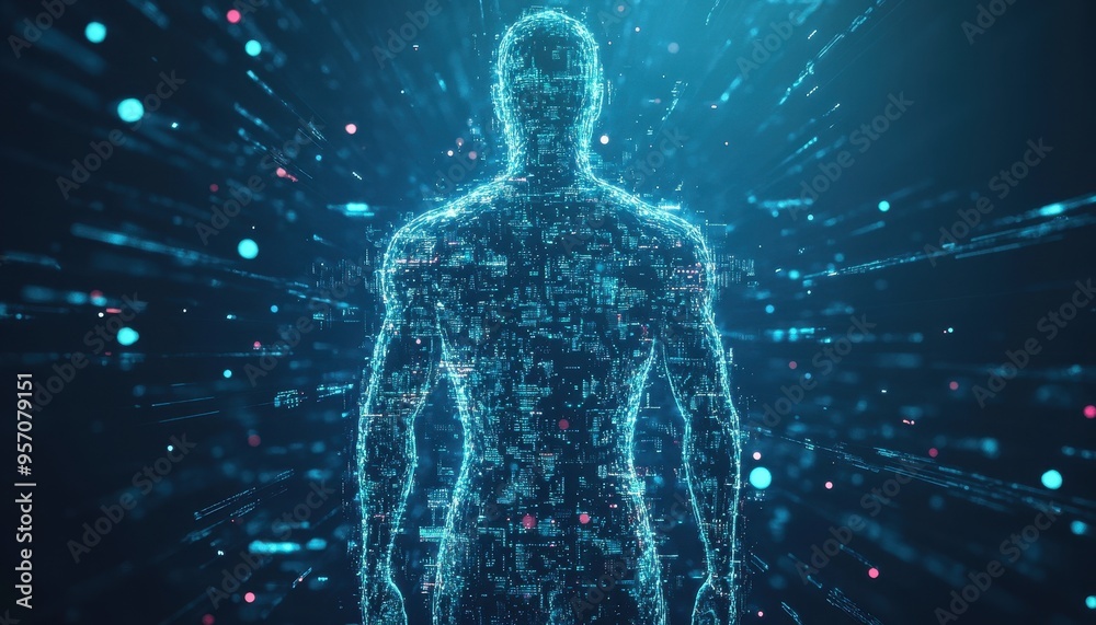 Digital Transformation: Futuristic Humanoid Silhouette with Abstract Patterns and Binary Streams in a Technological Realm Digital Transformation: Futuristic Humanoid Silhouette with Abstract Patterns and Binary Streams in a Technological Realm