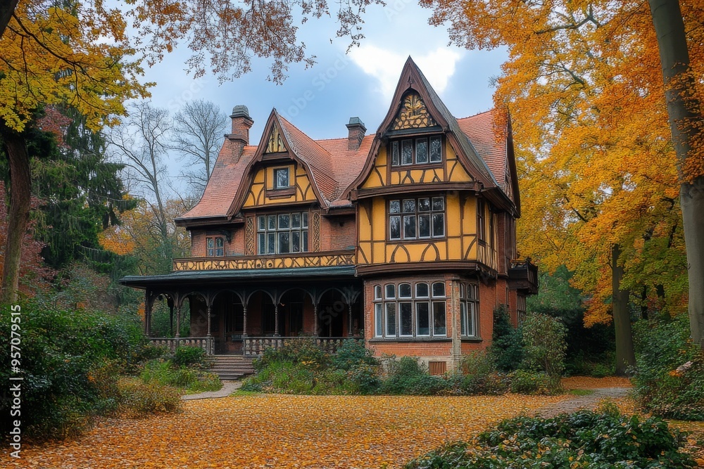 A beautiful manor house decorated with trees that can be seen in autumn colors and fall foliage. An old haunted Victorian house, long abandoned to the ghosts, in autumn woods.