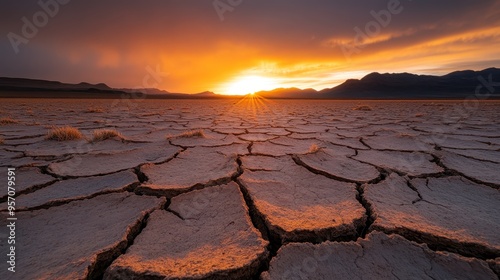 A vast landscape of cracked earth is bathed in the warm hues of a sunset, symbolizing enduring beauty within a seemingly desolate environment.