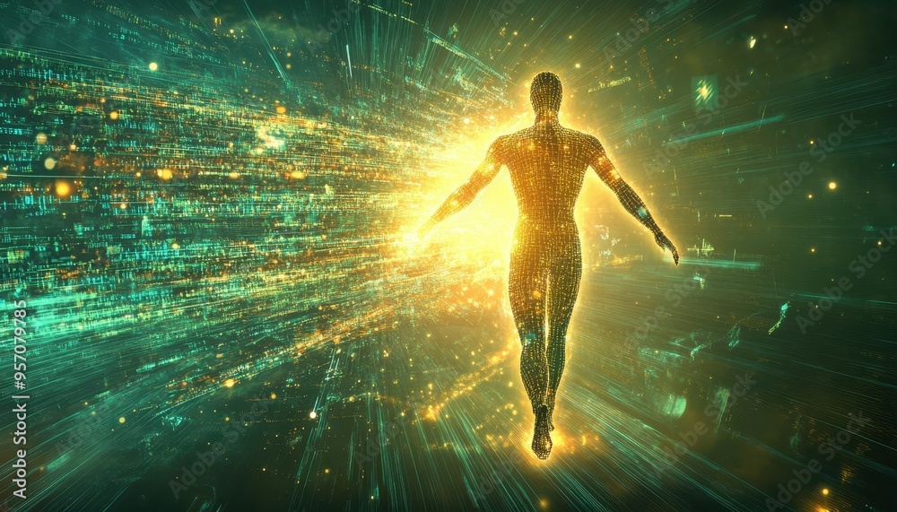 Digital Binary Dreamscape: Glowing Humanoid Figure in Abstract Technological Environment Digital Binary Dreamscape: Glowing Humanoid Figure in Abstract Technological Environment