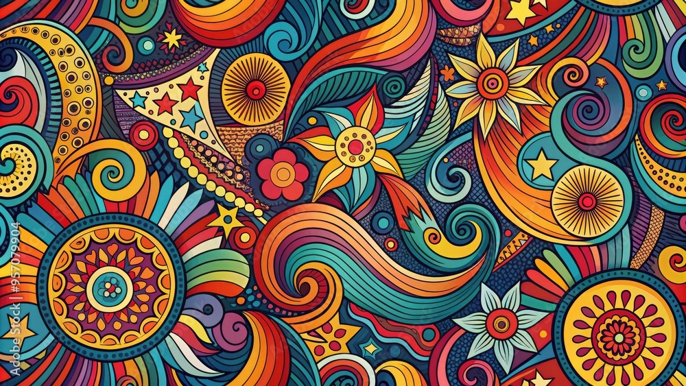 Vibrant, eclectic pattern featuring swirling shapes, bold lines, and bright colors, evoking the energetic and playful spirit of funk music and retro design. Vibrant, eclectic pattern featuring swirling shapes, bold lines, and bright colors, evoking the energetic and playful spirit of funk music and retro design.