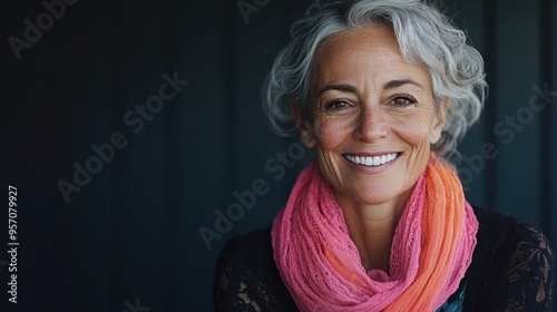 An elderly woman with a radiant smile and grey hair wearing a pink scarf, leaning against a dark background, presenting an image filled with warmth and experience.