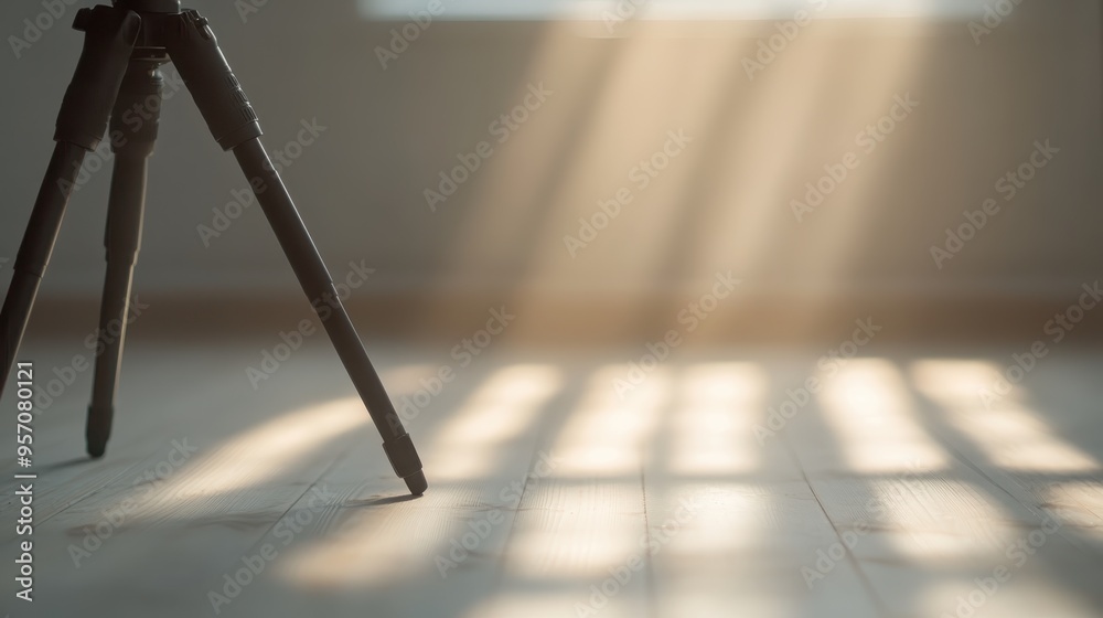 A close-up shot of tripod legs on a wooden floor, with sunlight streaming through a window, highlighting the textures and patterns created by the shadows. A close-up shot of tripod legs on a wooden floor, with sunlight streaming through a window, highlighting the textures and patterns created by the shadows.