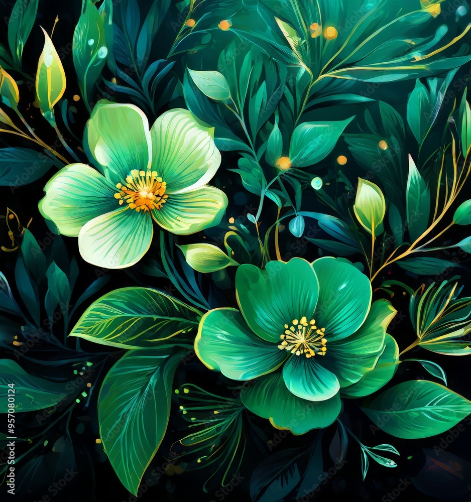 green flowers on black background green flowers on black background