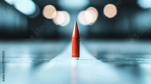 A close-up of a single bullet positioned in the middle of a reflective surface, set against a blurred background with artistic lighting, creating a dramatic effect. photo