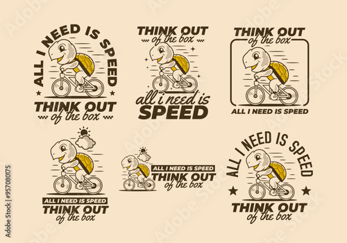 All i need is speed. Retro cute turtle riding a bicycle mascot character illustration
