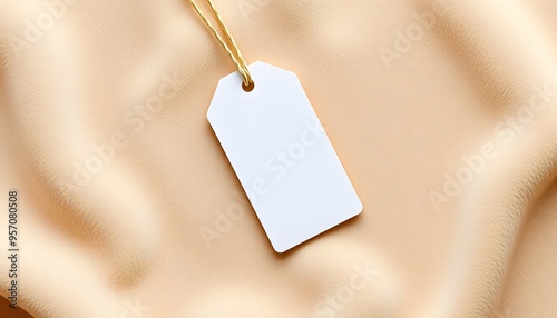 Label and Tag on beige velveteen fabric. mockup for design isolated with white highlights, png photo