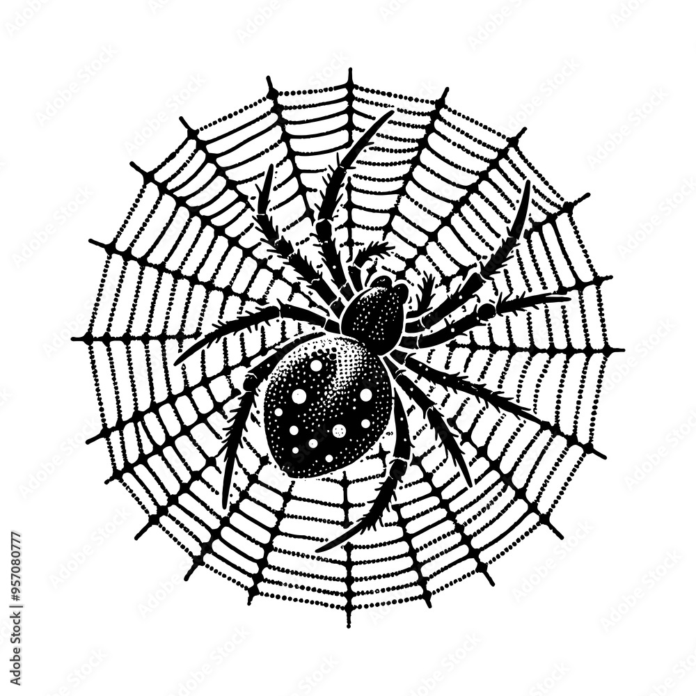 Fototapeta premium Detailed drawing of a large spider sitting in the center of its web