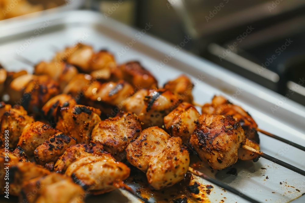 Juicy, charred meat skewers lie on a grill, ready to be savored, releasing an irresistible scent of perfectly cooked barbecue. Juicy, charred meat skewers lie on a grill, ready to be savored, releasing an irresistible scent of perfectly cooked barbecue.