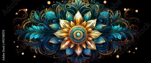 blue and gold flower on black background