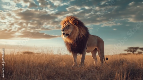 Majestic lion with a flowing mane stands in tall grass against a dramatic sunset sky. photo