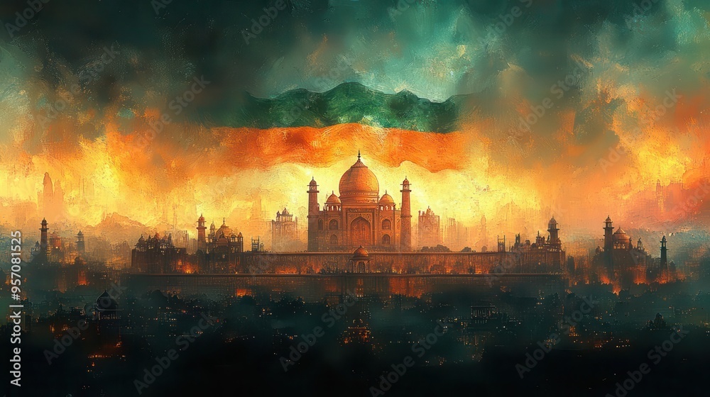 patriotic indian flag unfurling against backdrop of iconic landmarks vibrant saffron and green hues merging with intricate mandala patterns patriotic indian flag unfurling against backdrop of iconic landmarks vibrant saffron and green hues merging with intricate mandala patterns