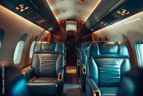 Luxurious private jet interior with plush leather seats and elegant lighting, showcasing comfort and exclusivity.