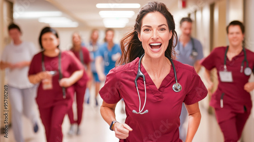 Emergency Response Team Rush - A determined and focused female doctor or nurse leads a diverse medical team through a busy hospital hallway, conveying urgency and swift action in healthcare. 