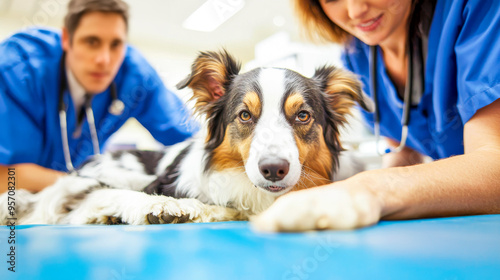 Gentle Hands, Caring Hearts: A veterinarian and assistant examine a furry patient with gentle care and compassion. The image captures the bond between humans and animals and the dedication of healthca photo