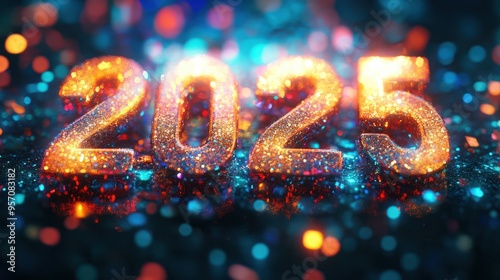 Fototapeta Happy new year 2025 colorful cinematic 3d render text design. Happy new year poster design. 2025 text design with cool cinematic style .
