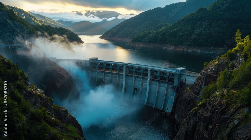 A stunning view of a hydroelectric dam nestled in a lush mountain landscape, releasing powerful water flow under a cloudy sky.