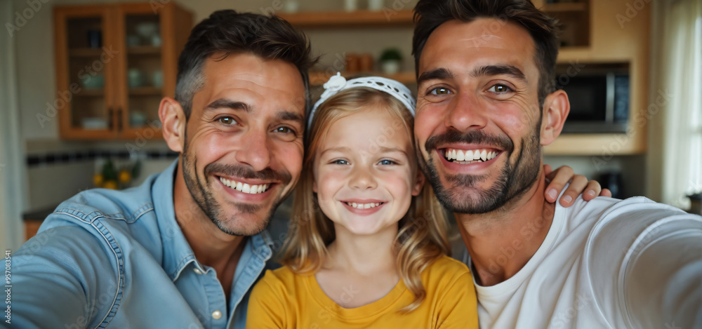 Family portrait showcasing two smiling men with a young girl in a cozy kitchen during a sunny afternoon. LGBTQ+ Family portrait showcasing two smiling men with a young girl in a cozy kitchen during a sunny afternoon. LGBTQ+