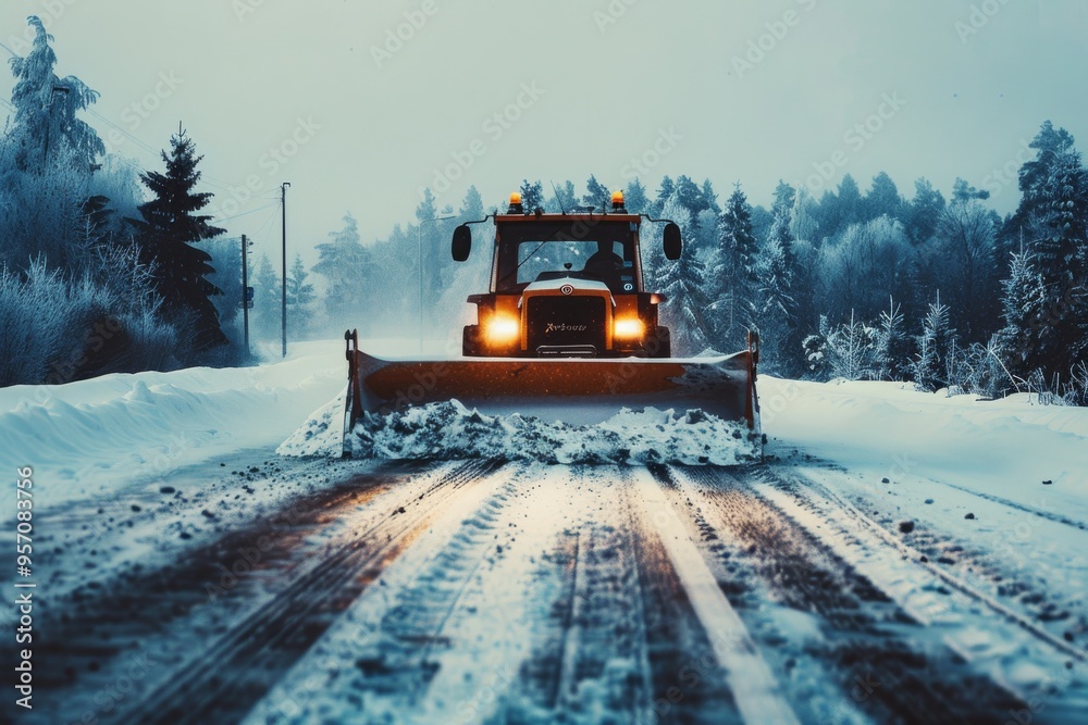 A snowplow navigates through a deep snow path, illuminated by the blue winter twilight, pushing snow aside and making way through the chilly landscape. A snowplow navigates through a deep snow path, illuminated by the blue winter twilight, pushing snow aside and making way through the chilly landscape.