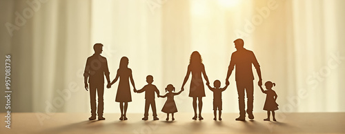 A diverse family gathers together in silhouette, enjoying a warm, sunlit evening in a cozy indoor setting