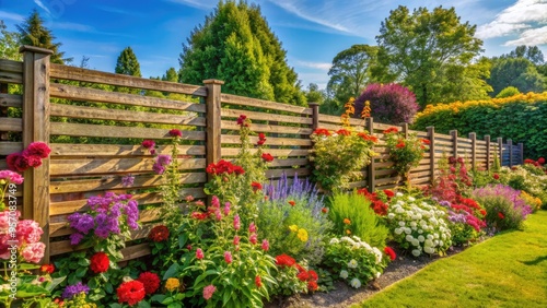Vibrant flowers and lush greenery thrive behind a rustic wooden windbreak, protecting the serenity of a sun-kissed garden on a warm summer afternoon.