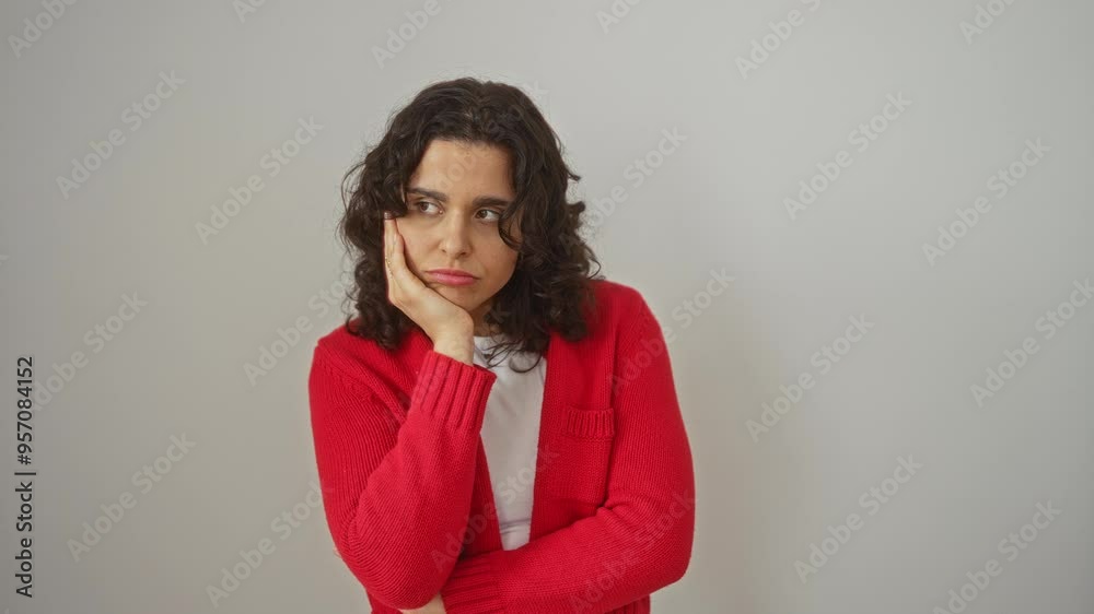 Young hispanic woman standing with crossed arms, looking tired and bored, thinking about depression problems over isolated white background Young hispanic woman standing with crossed arms, looking tired and bored, thinking about depression problems over isolated white background